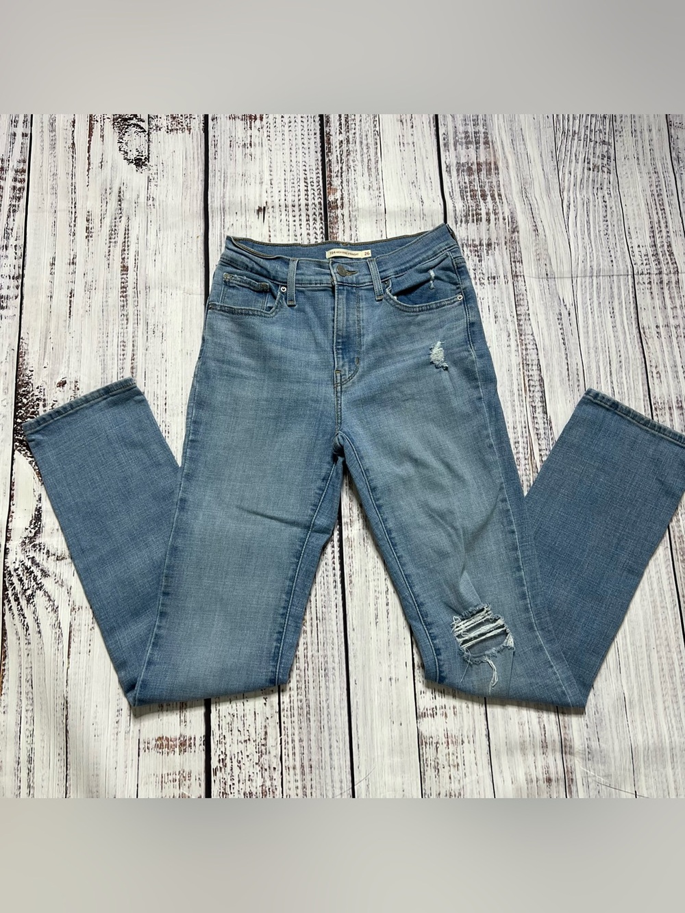 LEVIS Light Blue Distressed 724 High Rise Straight Jeans